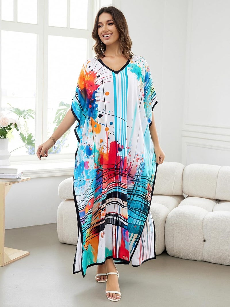 IMAGEKOPE Women's Plus Size Loose Fit Moroccan Print V-Neck Batwing Kaftan Beach Dress Bathing Suit Cover Up - Image 1